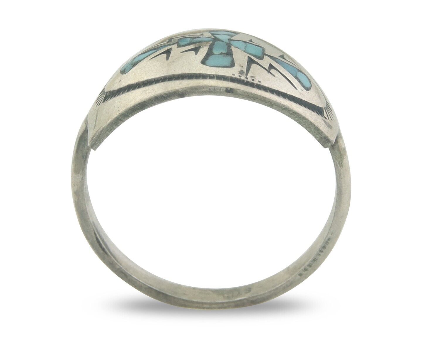 Navajo Ring 925 Sterling Natural Chip Inlay Blue Turquoise C.80's Size 9.0