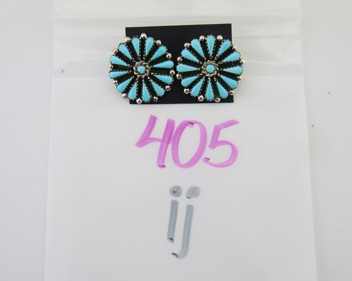 Navajo Petit Point Earrings 925 Silver Turquoise Signed Benson Yazzie C.80's