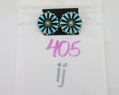 Navajo Petit Point Earrings 925 Silver Turquoise Signed Benson Yazzie C.80's