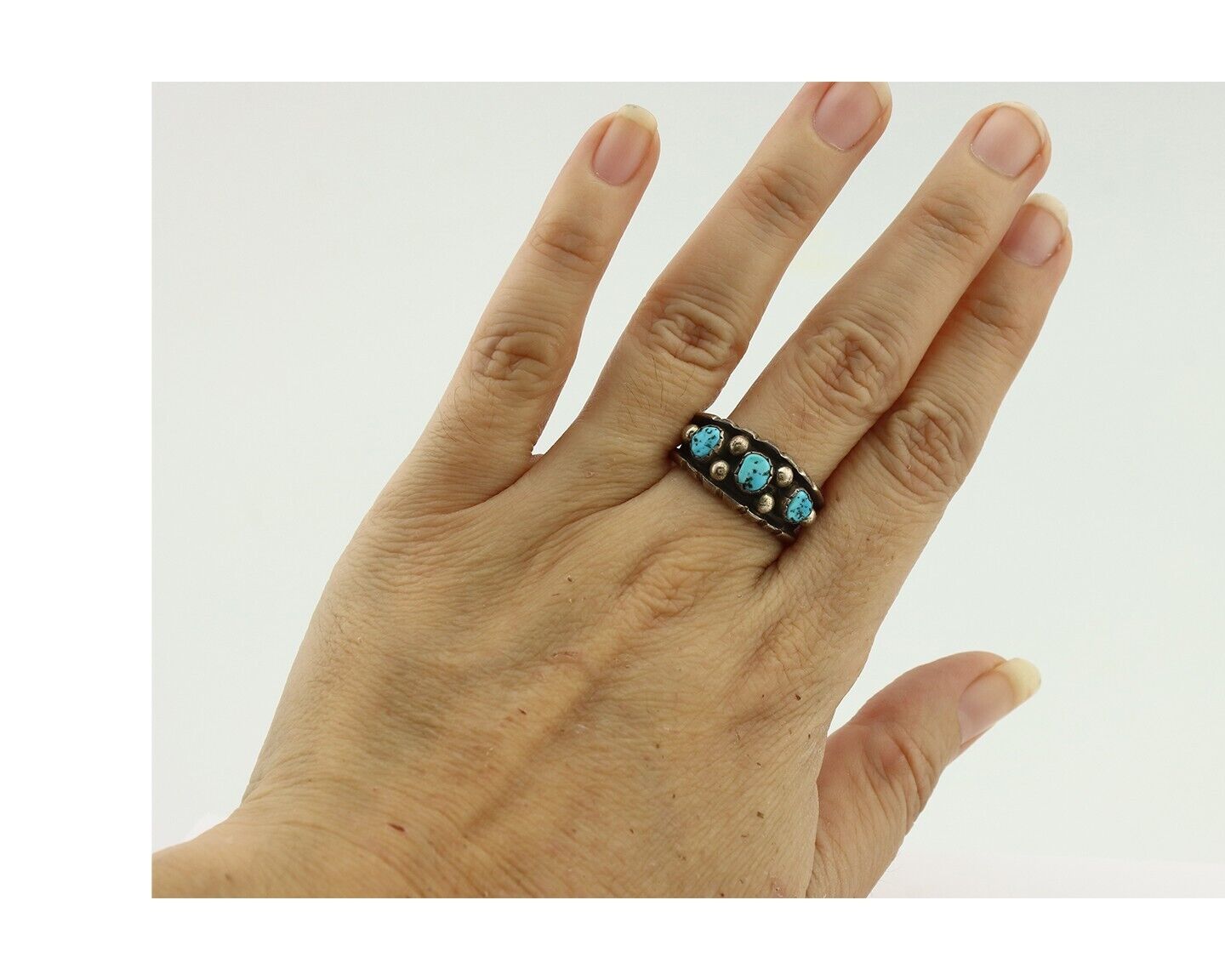 Zuni Ring .925 Silver Natural Sleeping Beauty Turquoise Signed MZR C.80's