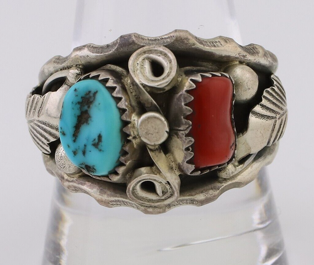 Navajo Ring 925 Silver Coral Turquoise Artist Signed SC C.80's