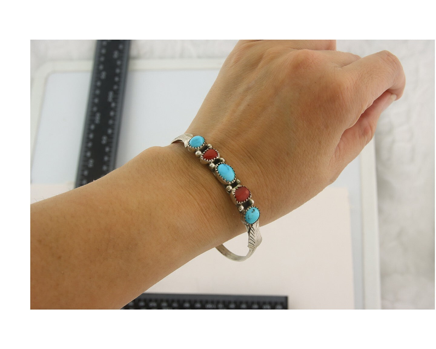 Navajo Bracelet 925 Silver Coral & Turquoise Cuff Signed Keith James C.80's