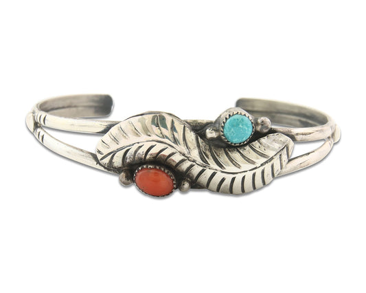Vintage Navajo Bracelet 925 Silver Red Coral Turquoise Authentic
