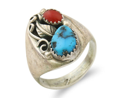 Navajo Ring 925 Sterling Turquoise & Coral Native Artist C.80's Size 8.5