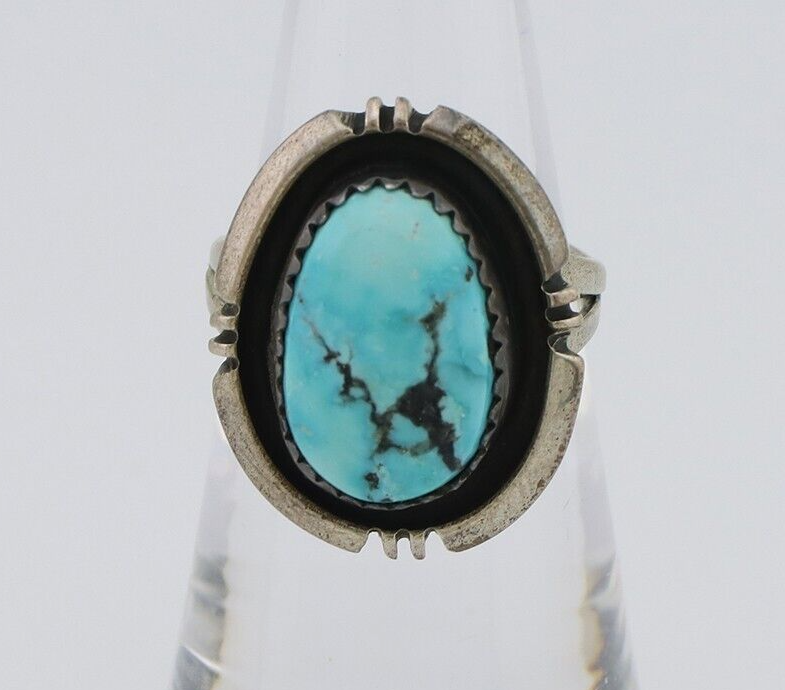 Navajo Ring 925 Silver Natural Mined Blue Turquoise Native American Artist C80s