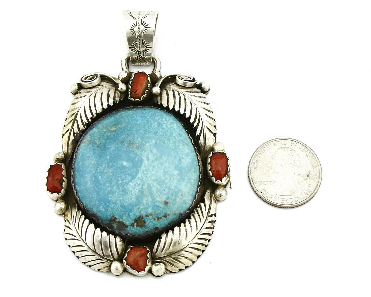 Navajo Natural Turquoise & Red Coral Pendant .925 Silver Signed Gomez C.2005