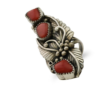 Navajo Ring 925 Silver Natural Mediterranean Coral Artist Signed JH C.80's