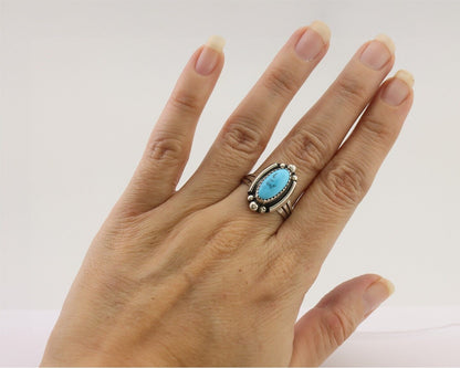 Navajo Ring 925 Silver Sleeping Beauty Turquoise Artist Signed SC C.80's