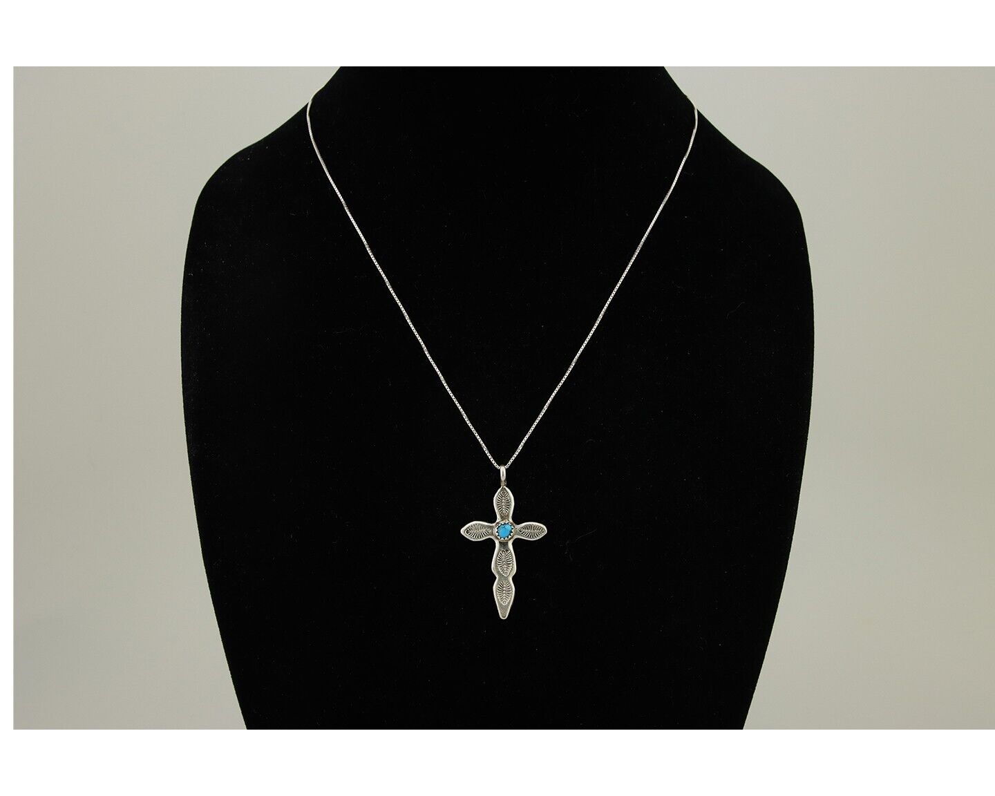 Navajo Cross Hand Stamped Necklace 925 Silver Turquoise Native Artist C.80s