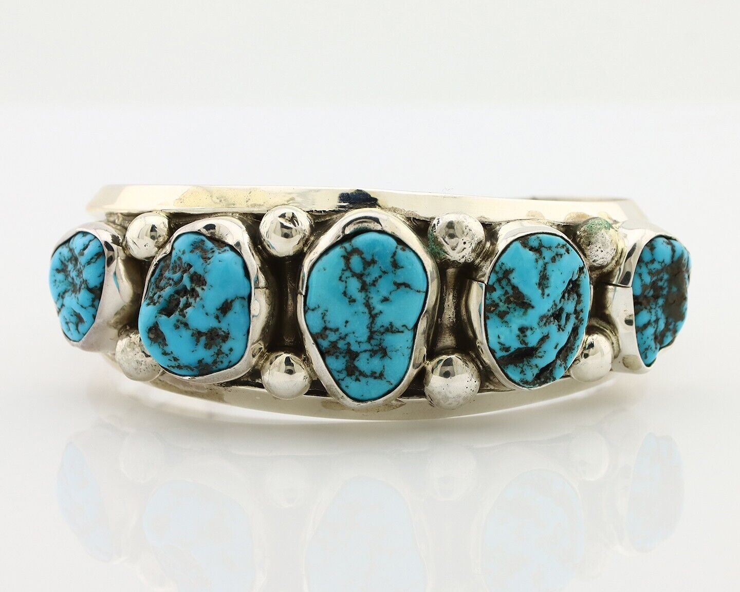 Navajo Bracelet 925 Silver Nugget Sleeping Beauty Turquoise Artist Signed JR C80