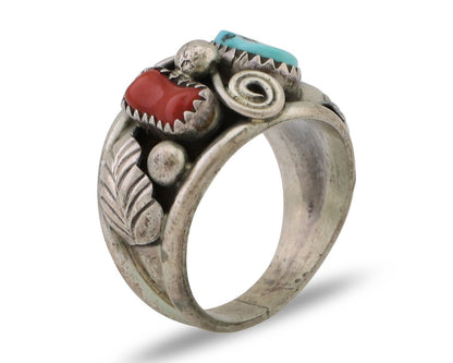 Navajo Ring 925 Silver Natural Coral Turquoise Natural American Artist C.80's