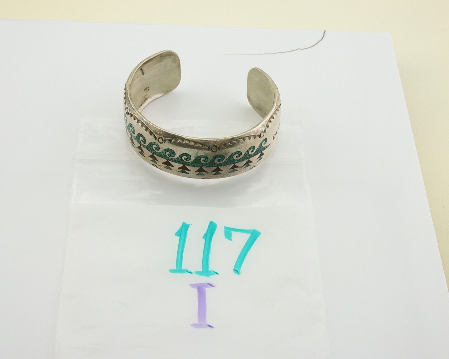 Men Navajo Bracelet 925 Silver Inlaid Coral & Turquoise Artist Signed LB C.80's