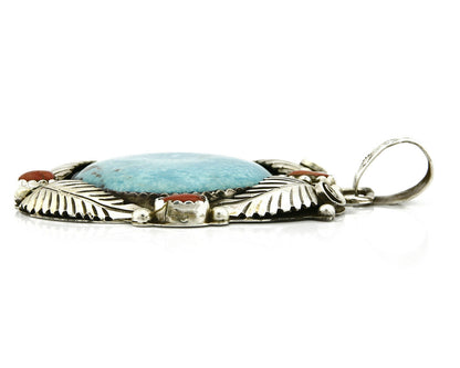 Navajo Natural Turquoise & Red Coral Pendant .925 Silver Signed Gomez C.2005