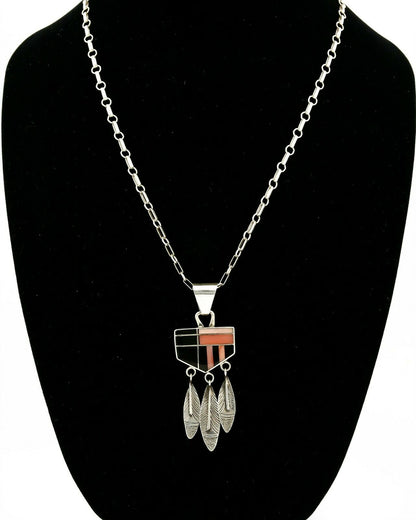 Navajo Inlaid Black Jet & Pink Angel Skin Coral .925 Silver Necklace