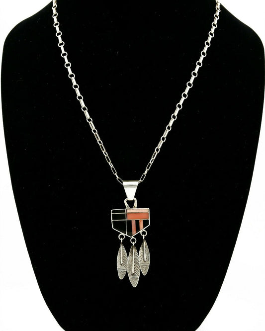 Navajo Inlaid Black Jet & Pink Angel Skin Coral .925 Silver Necklace