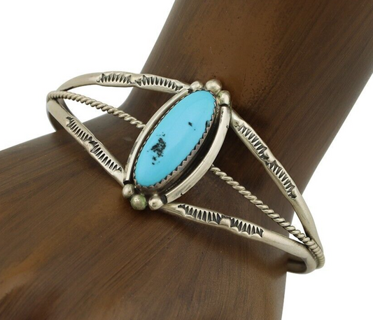 Navajo Bracelet 925 Silver Sleeping Beauty Turquoise Artist Signed SC C.80's