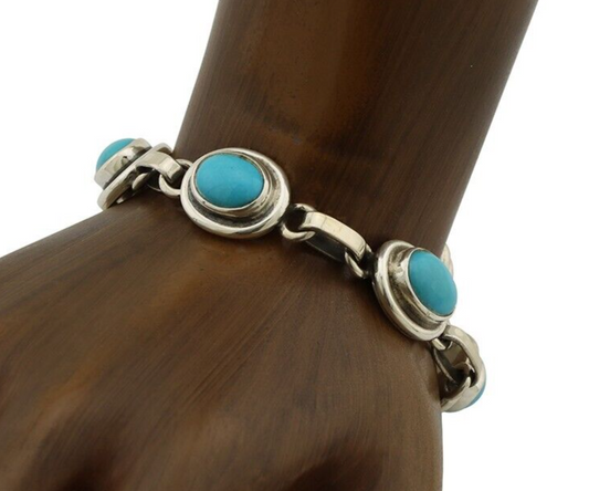 Navajo Link Bracelet 925 Silver Sleeping Beauty Turquoise Native American C80s