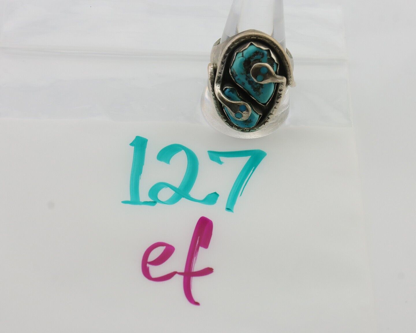 Mens Heavy Zuni Snake Ring 925 Silver Turquoise Signed EFFIE CALAVASA C.80's