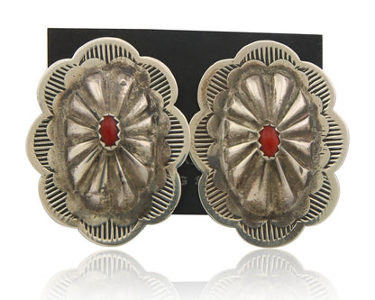 Navajo Earrings 925 Silver Natural Coral Native American Artist C.80's