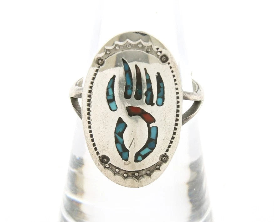 Navajo Bagger Paw Ring Sterling Silver Natural Gemstone Vintage Size 6.0