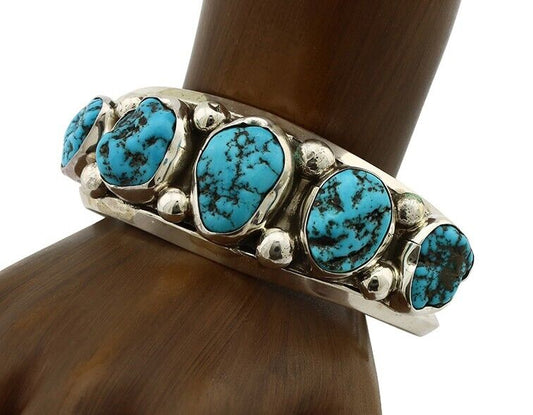 Navajo Bracelet 925 Silver Nugget Sleeping Beauty Turquoise Artist Signed JR C80