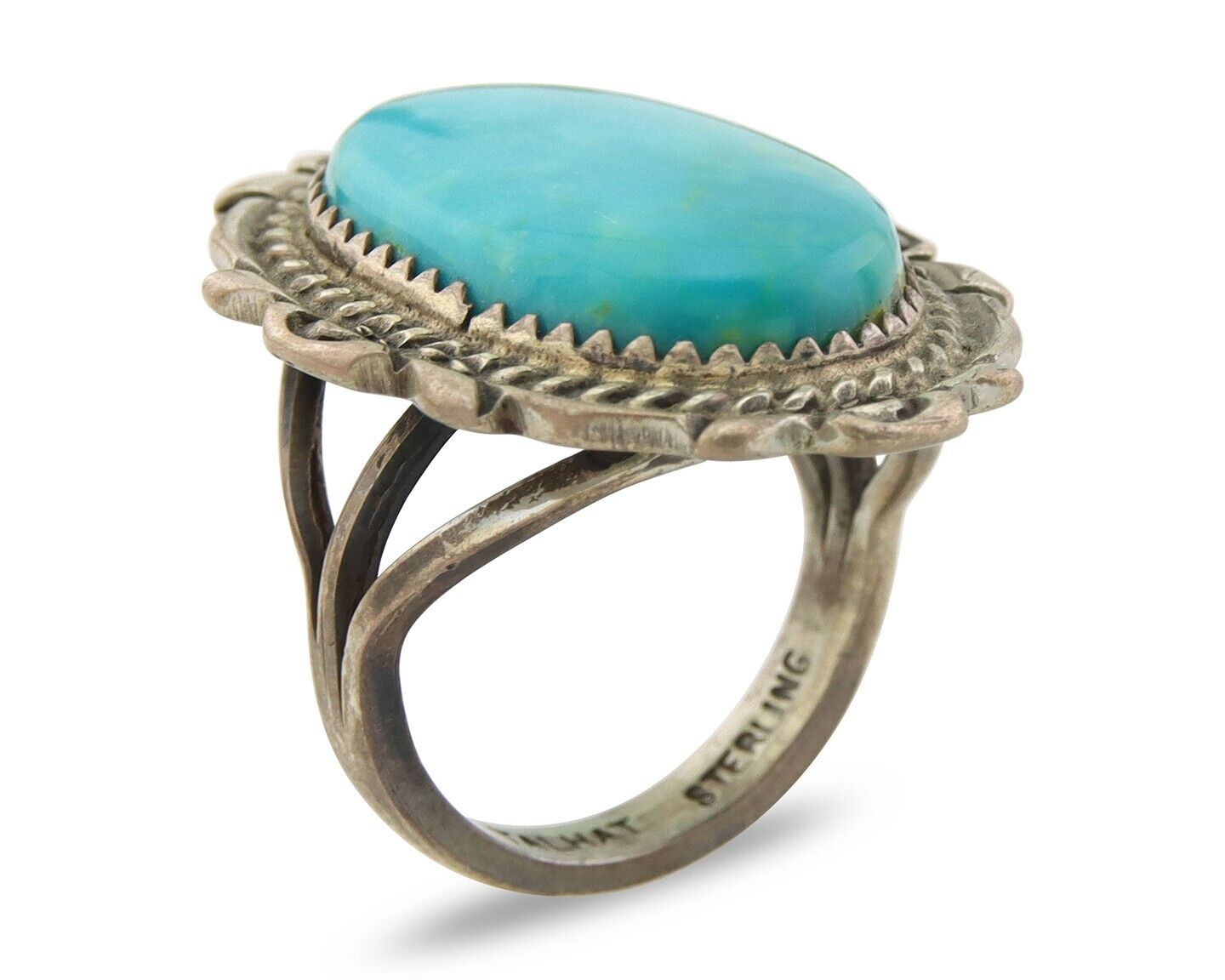 Navajo Ring 925 Sterling Natural Blue Turquoise Signed TALHAT C.80's Size 6.0
