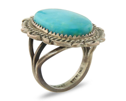 Navajo Ring 925 Sterling Natural Blue Turquoise Signed TALHAT C.80's Size 6.0