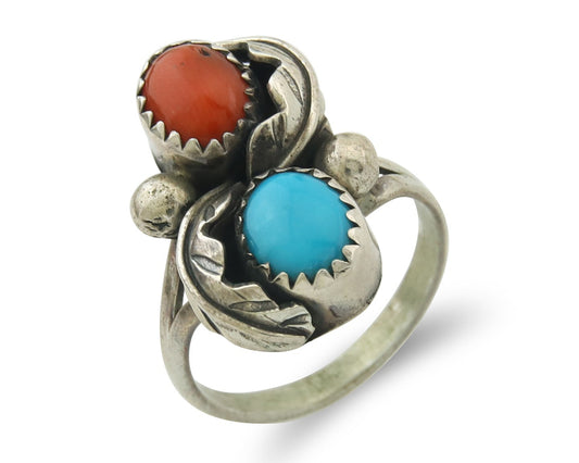 Vintage Navajo Ring 925 Sterling Silver Authentic Turquoise & Coral Size 5.5