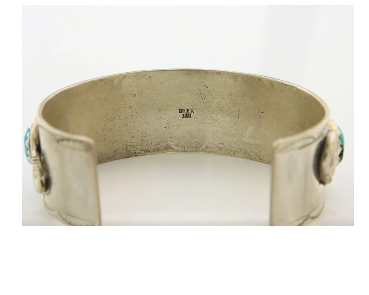 Men Zuni Cuff Bracelet Sterling Silver Turquoise Vintage Signed Effie Calavasa