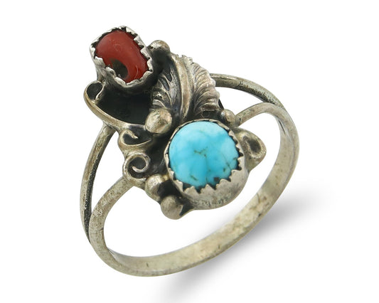 Vintage Navajo Ring 925 Sterling Silver Authentic Turquoise & Coral Size 7.0