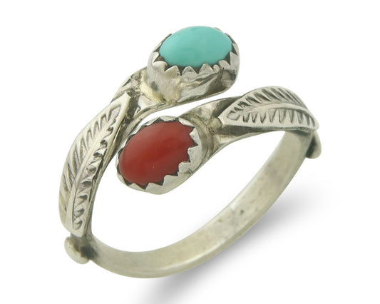 Vintage Navajo Ring 925 Sterling Natural Coral & Turquoise Native Artist Sz 5.0