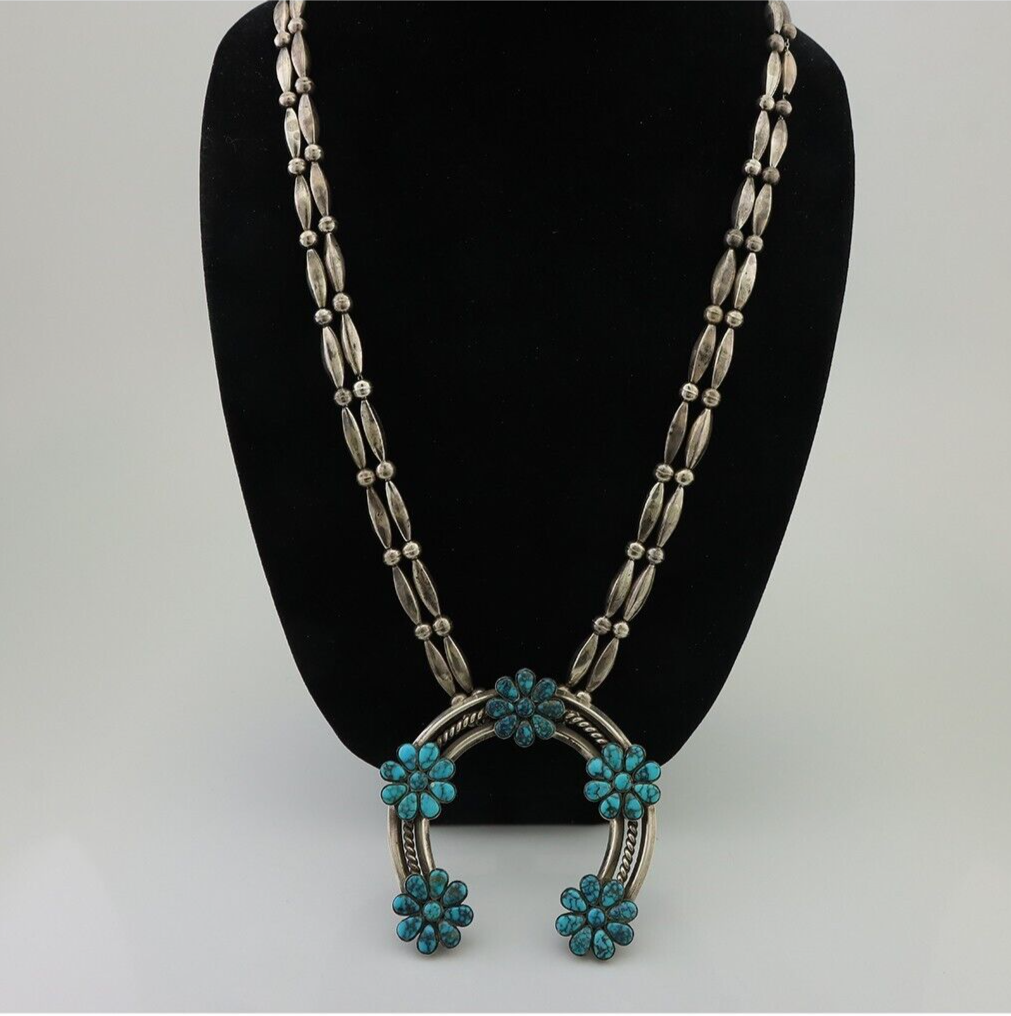 Navajo Necklace 925 Silver Burnham Turquoise Native American Artist C.70's