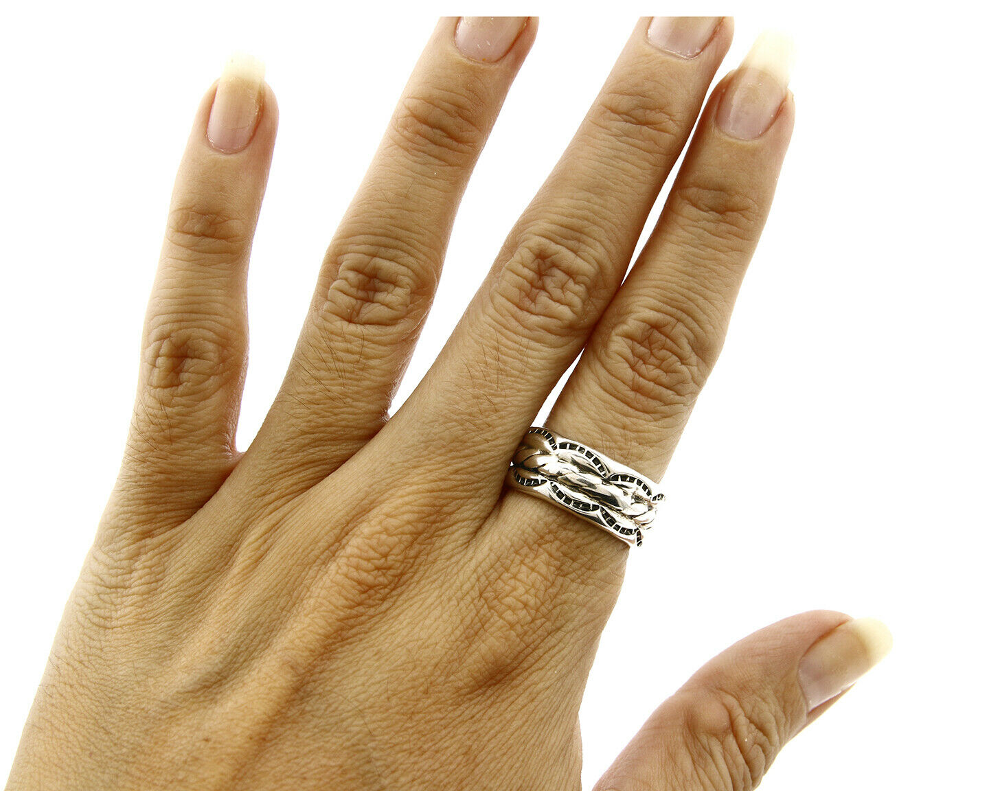 Navajo Ring .925 Silver Handmade Hand Stamped 3 Row Rope Band C.1980's Size 7.25