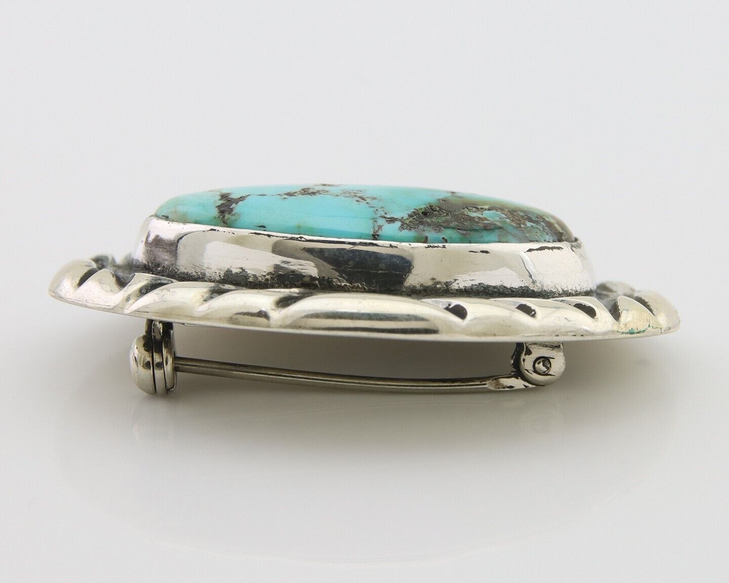 Navajo Pin 925 Silver Natural Mined Turquoise Artist Signed C Montoya C.80's