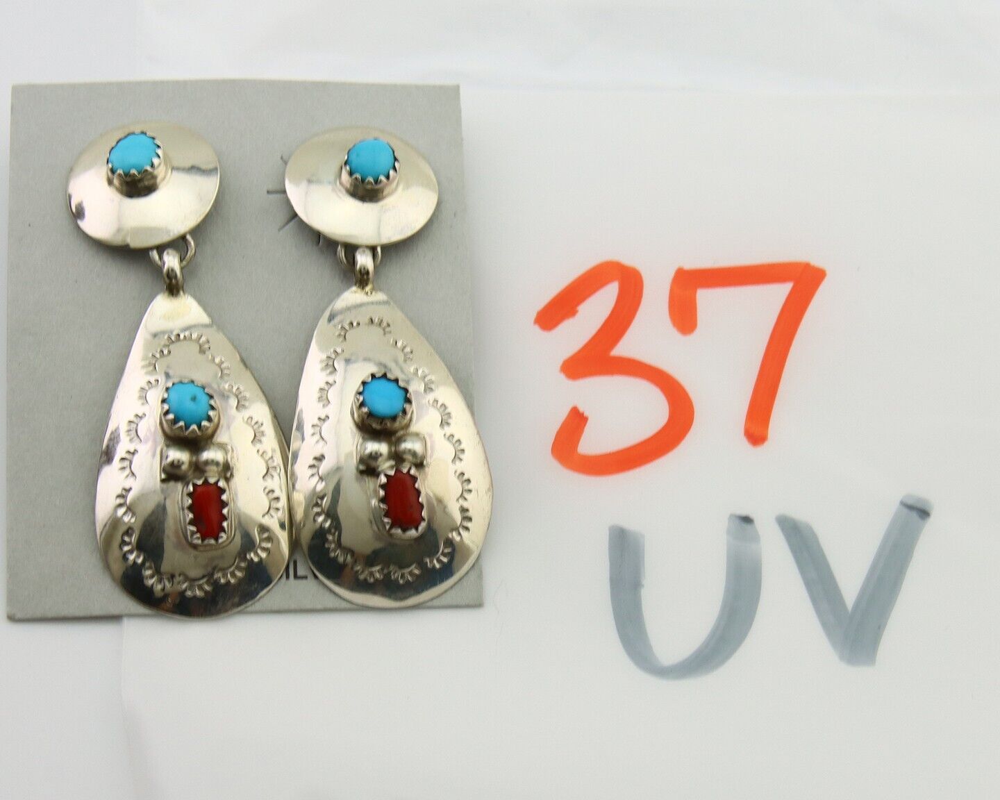 Navajo Earrings 925 Silver Turquoise & Coral Artist Signed Leeann Lee C.80's