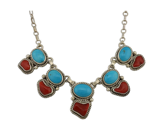 Navajo Necklace 925 Silver Natural Blue Turquoise & Coral Native American C80s