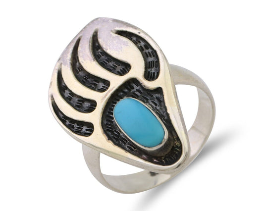 Navajo Badger Paw Ring 925 Silver Turquoise Native American Artist C.80's