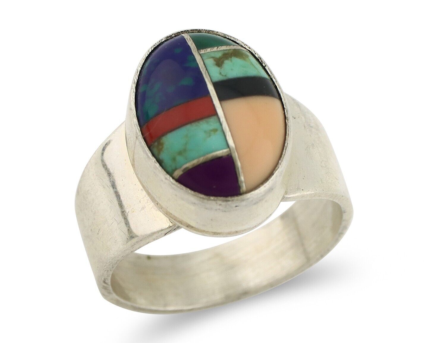 Zuni Inlaid Ring 925 Silver Mixed Natural Gemstones Native American Artist C.80s