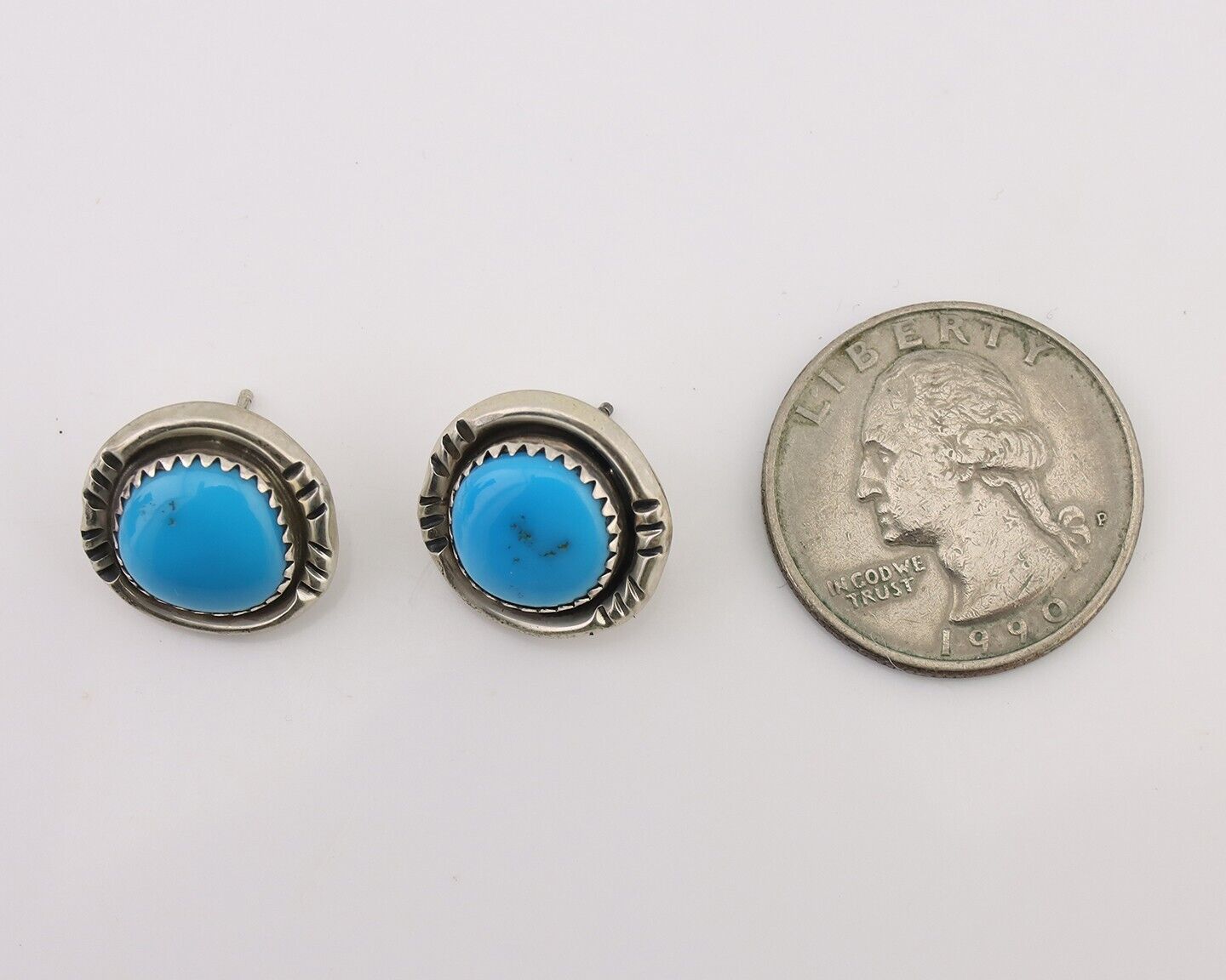 Navajo Earrings 925 Silver Natural Blue Turquoise Native American Artist C.80s