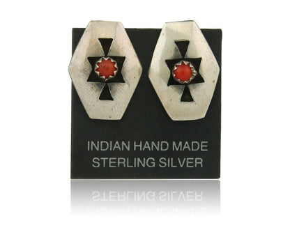 Navajo Earrings 925 Silver Natural Coral Native American Artist C.80's