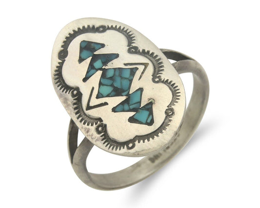 Navajo Ring 925 Sterling Natural Chip Inlay Coral & Turquoise C.80's Size 7.5