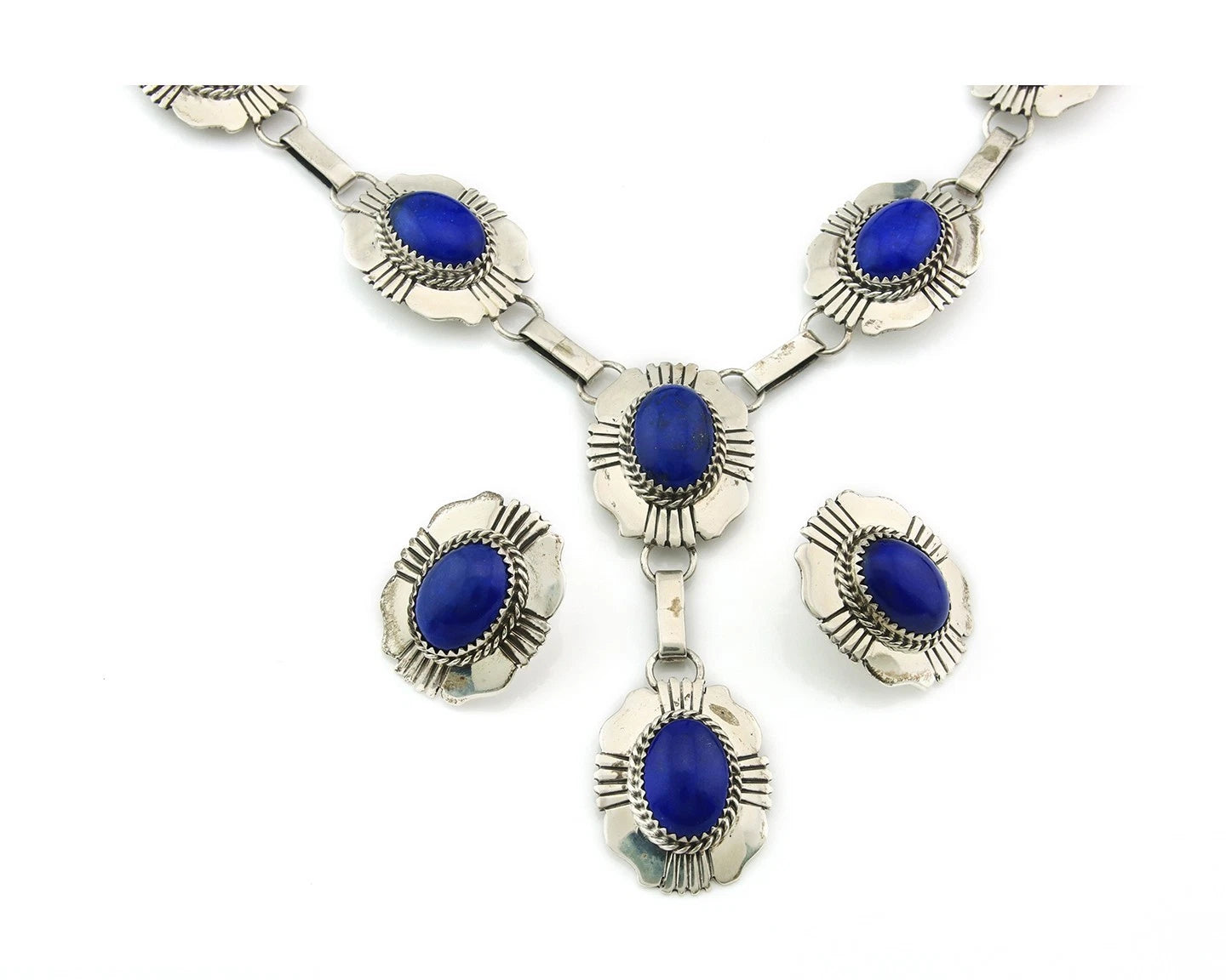 Navajo Necklace Earring Set Sterling Silver Lapis Vintage Signed W Denetdale