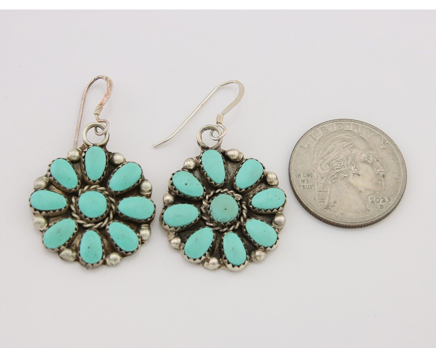 Zuni Concho Earrings 925 Silver Inlaid Natural Turquoise Artist Signed DR C.80's