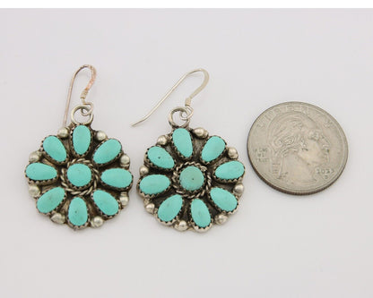 Zuni Concho Earrings 925 Silver Inlaid Natural Turquoise Artist Signed DR C.80's