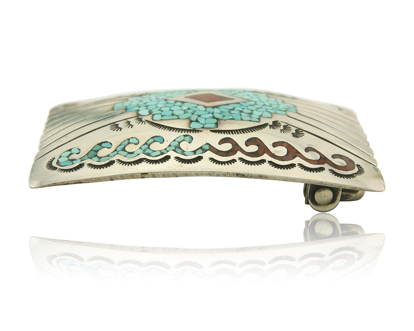 Vintage Navajo Belt Buckle 925 Silver Handmade Inlaid Gemstone Signed IHMJ