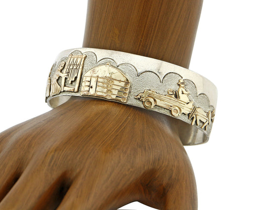 Navajo Artist Signed Jacob Kahe .925 Silver 12k Gold Plate Pictograph Cuff