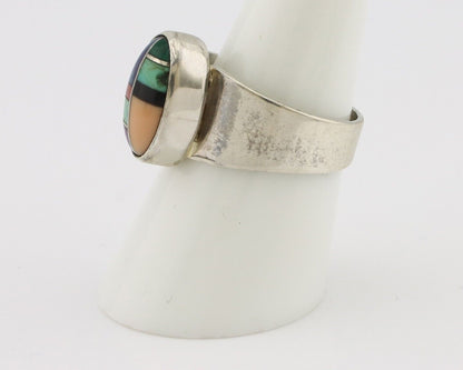 Zuni Inlaid Ring 925 Silver Mixed Natural Gemstones Native American Artist C.80s