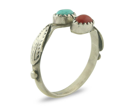 Vintage Navajo Ring 925 Sterling Turquoise & Coral Native Artist Size Size 8.5
