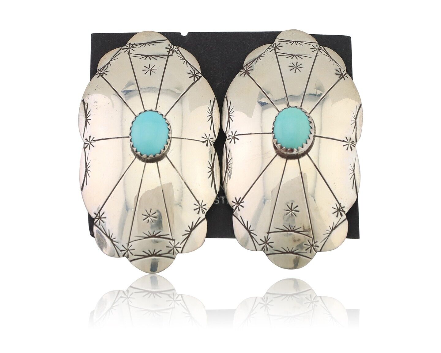 Navajo Hand Stamped Shield Earrings 925 Silver Turquoise Native Artist C.80's