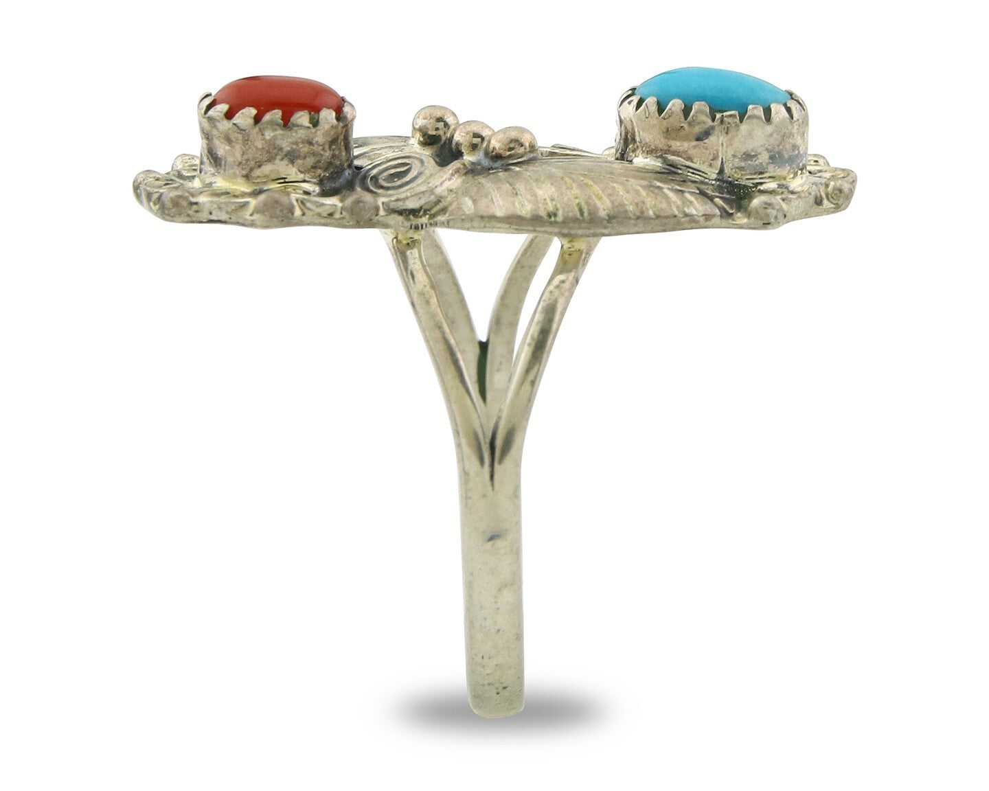 Navajo Ring 925 Sterling Silver Authentic Turquoise & Coral Signed WB Size 6.75